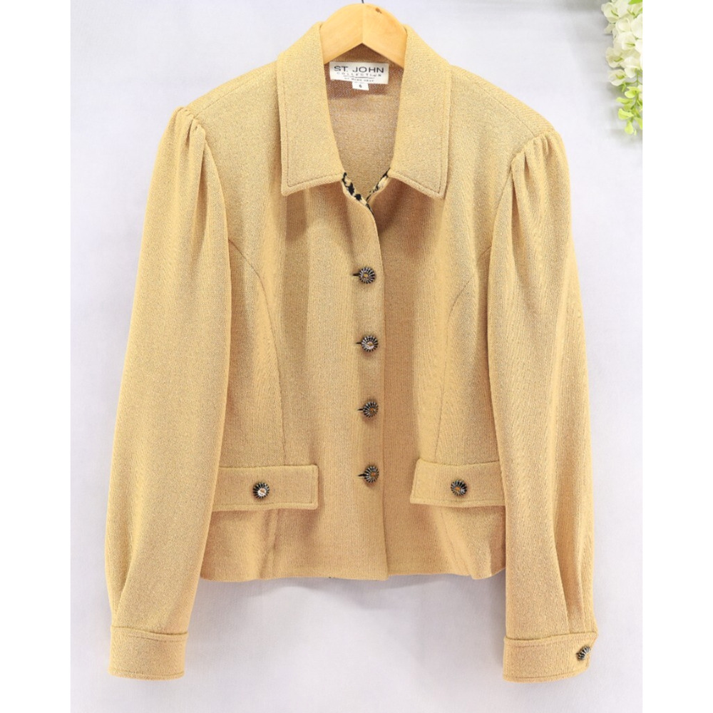 St. John by Marie Gray Women's Knit Jacket Yellow Tan Contrast Animal Print Sz 6